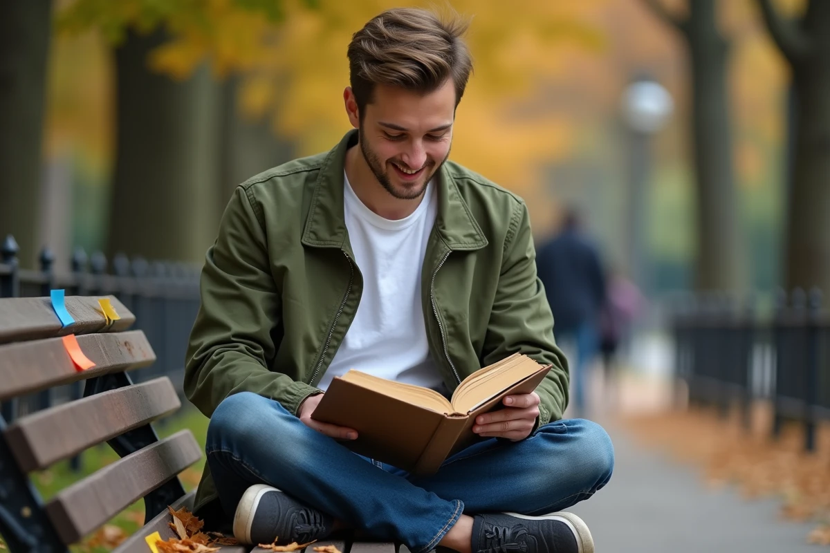 Jeune homme lisant un livre sur un banc de parc avec des annotations sur les figures de style