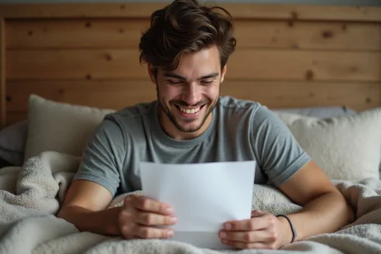 Jeune homme lit une note d'amour dans un lit douillet