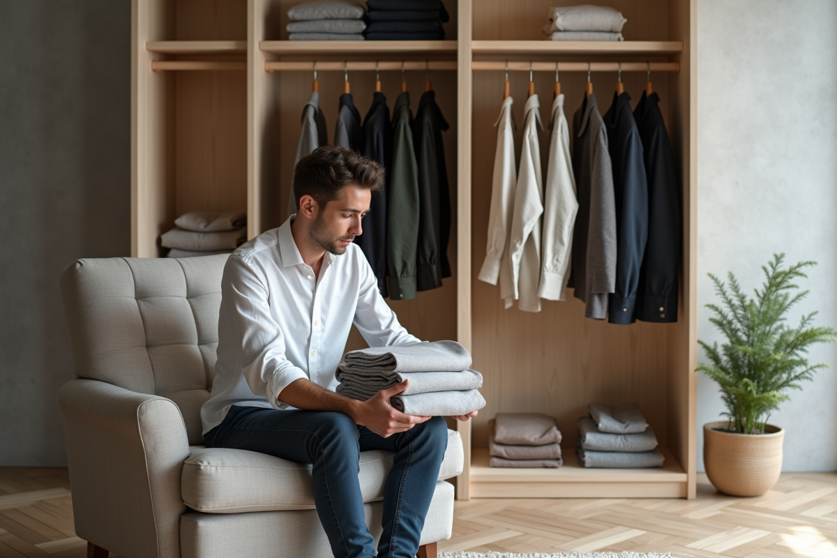 Jeune homme pliant des chemises dans une armoire minimaliste