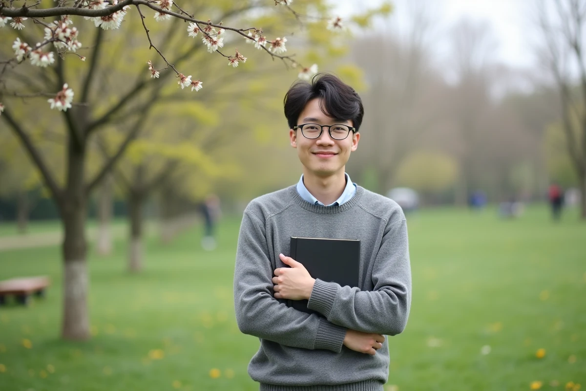 Jeune homme dans un parc printanier avec un livre