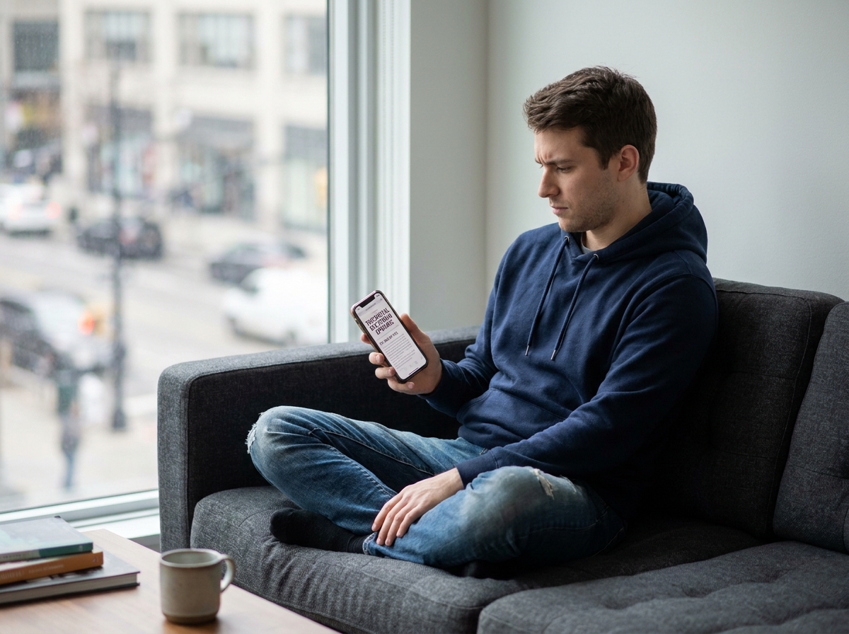 Jeune homme lisant un article sur la santé de la vue sur son smartphone dans un appartement moderne