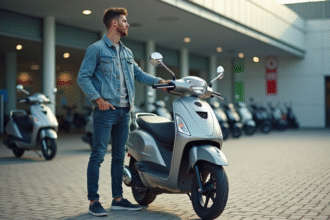 Jeune homme examine un scooter 50cc en showroom