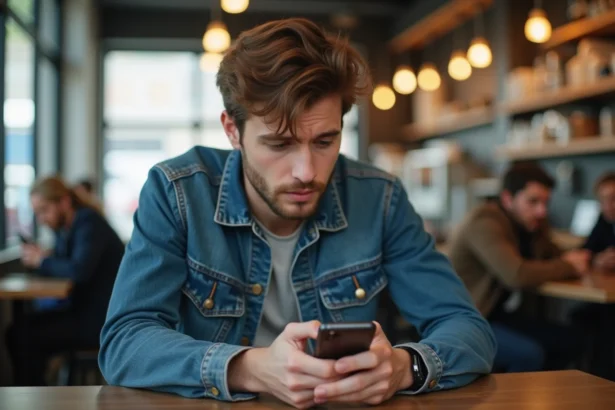Jeune homme utilisant une application de decibel au café