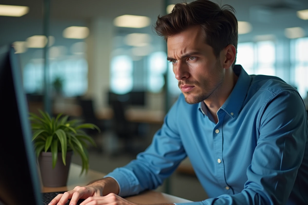 Jeune homme au bureau hésitant avant de cliquer