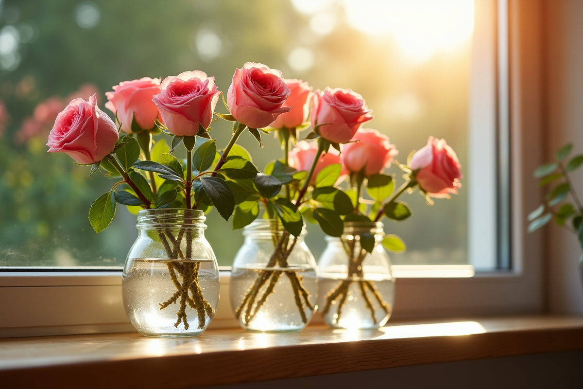 Jeunes roses dans des verres d