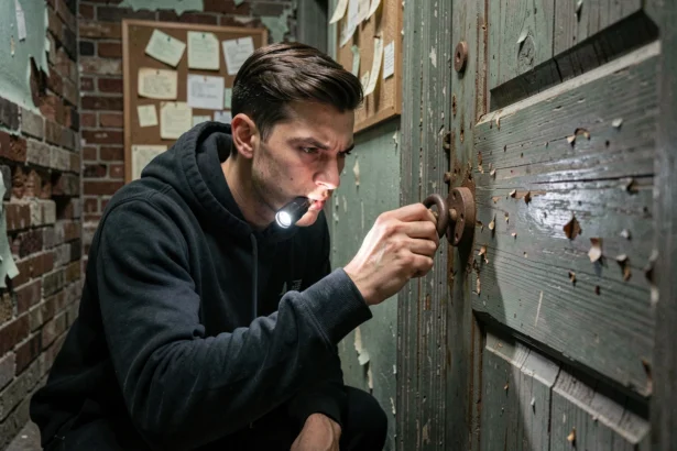 Joueur concentré examinant un cadenas rouillé devant une porte en bois dans une salle d'évasion