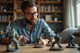 Homme barbu jouant à un jeu de figurines Armiger Moiraxes
