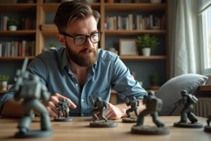Homme barbu jouant à un jeu de figurines Armiger Moiraxes