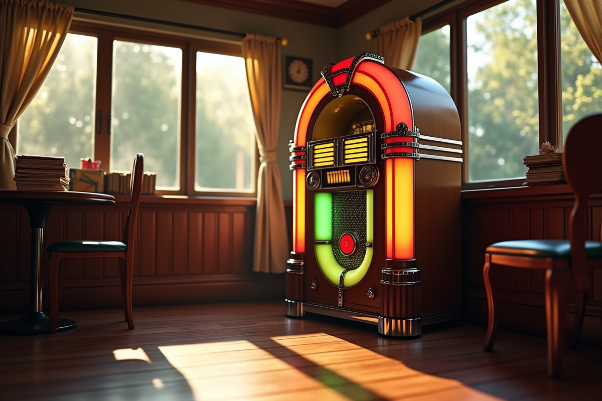 Jukebox vintage dans un café rétro lumineux et chaleureux