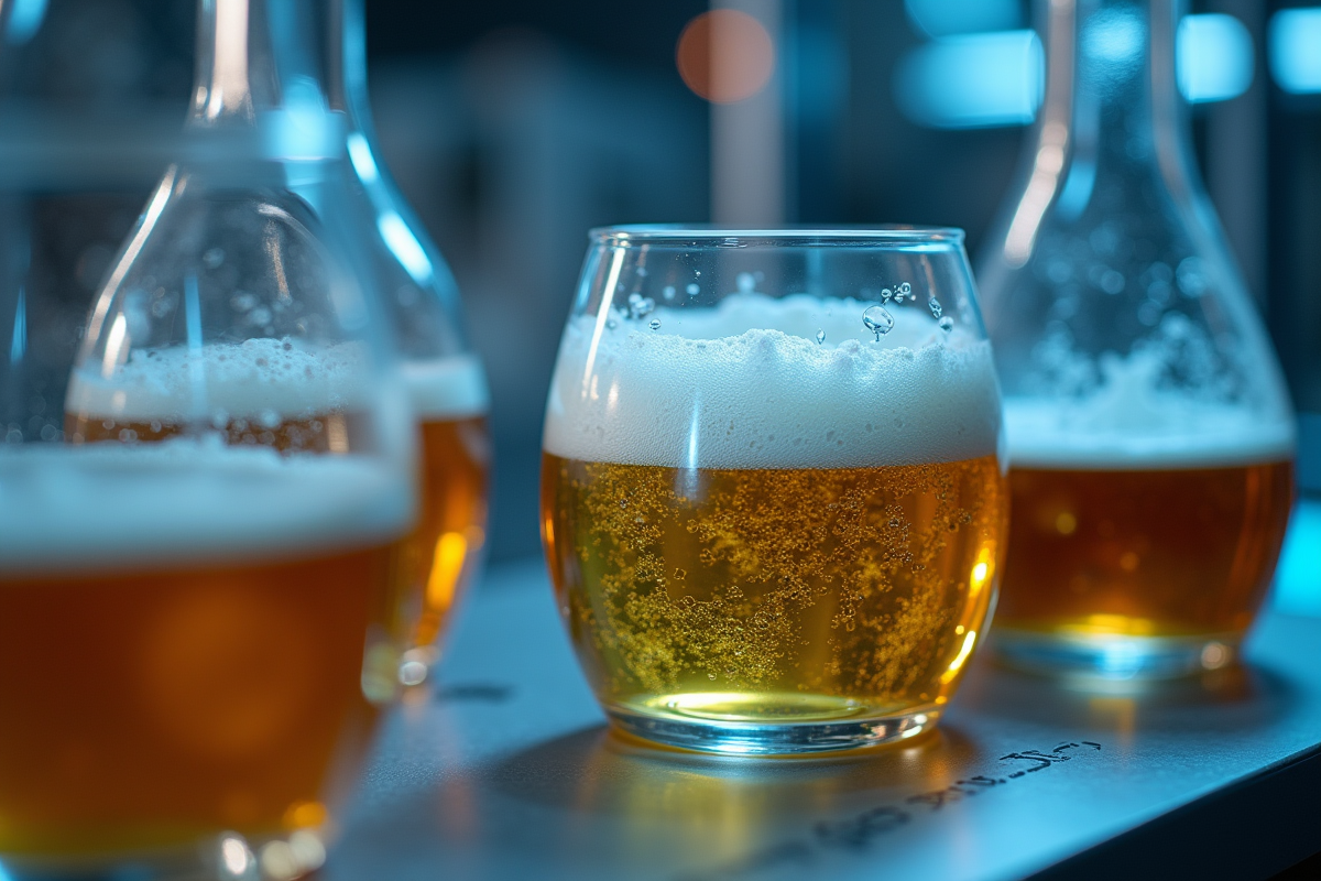 Laboratoire moderne avec verre de biere et analyseur d alcool