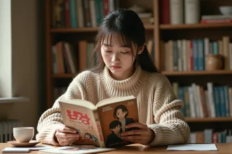 Jeune femme lisant un manga BL en français à son bureau dans une bibliothèque personnelle