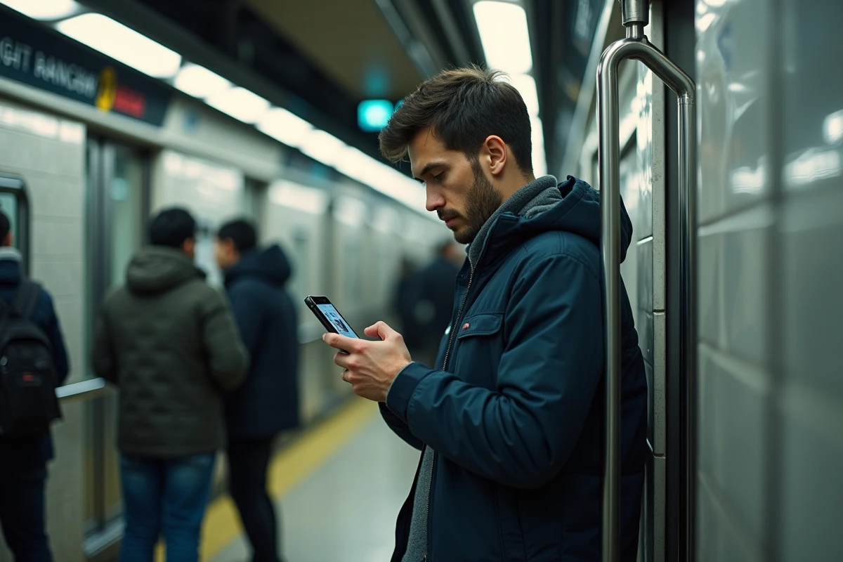 Homme consultant une application manga sur son téléphone dans le métro en ville