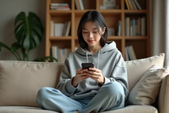 Jeune femme lisant un manga sur smartphone confortablement installée dans son salon