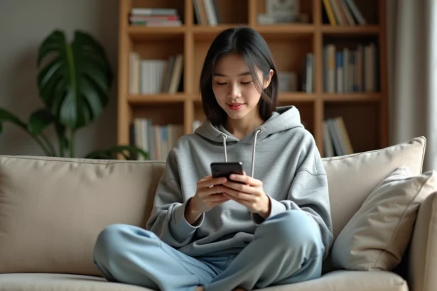 Jeune femme lisant un manga sur smartphone confortablement installée dans son salon