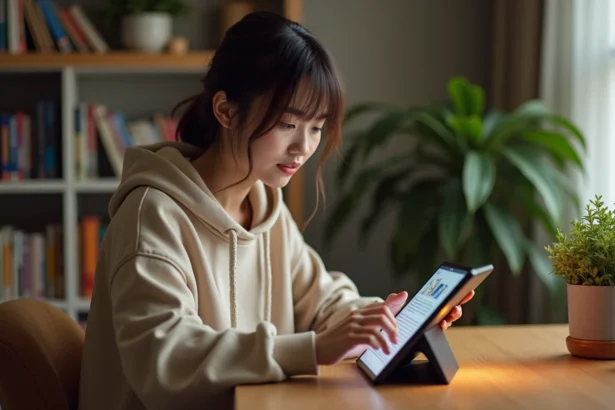 Jeune femme lisant un manga yaoi sur tablette dans un bureau cosy entouré de volumes de manga