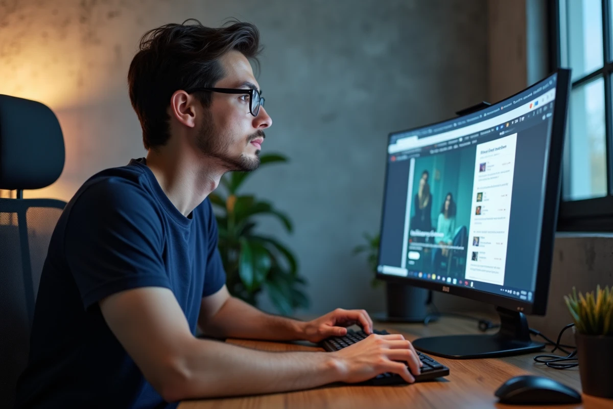 Homme lisant des webtoons en français sur un écran d'ordinateur dans un bureau moderne et minimaliste