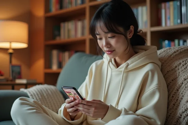 Jeune femme lisant un webtoon en VF sur son smartphone dans un salon cosy avec des mangas en arrière-plan