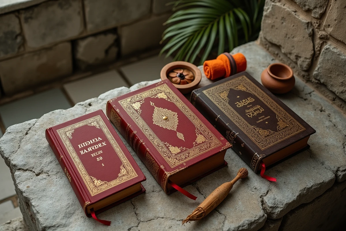 Vue aérienne de livres sacrés de différentes traditions religieuses posés sur une surface en pierre ancienne