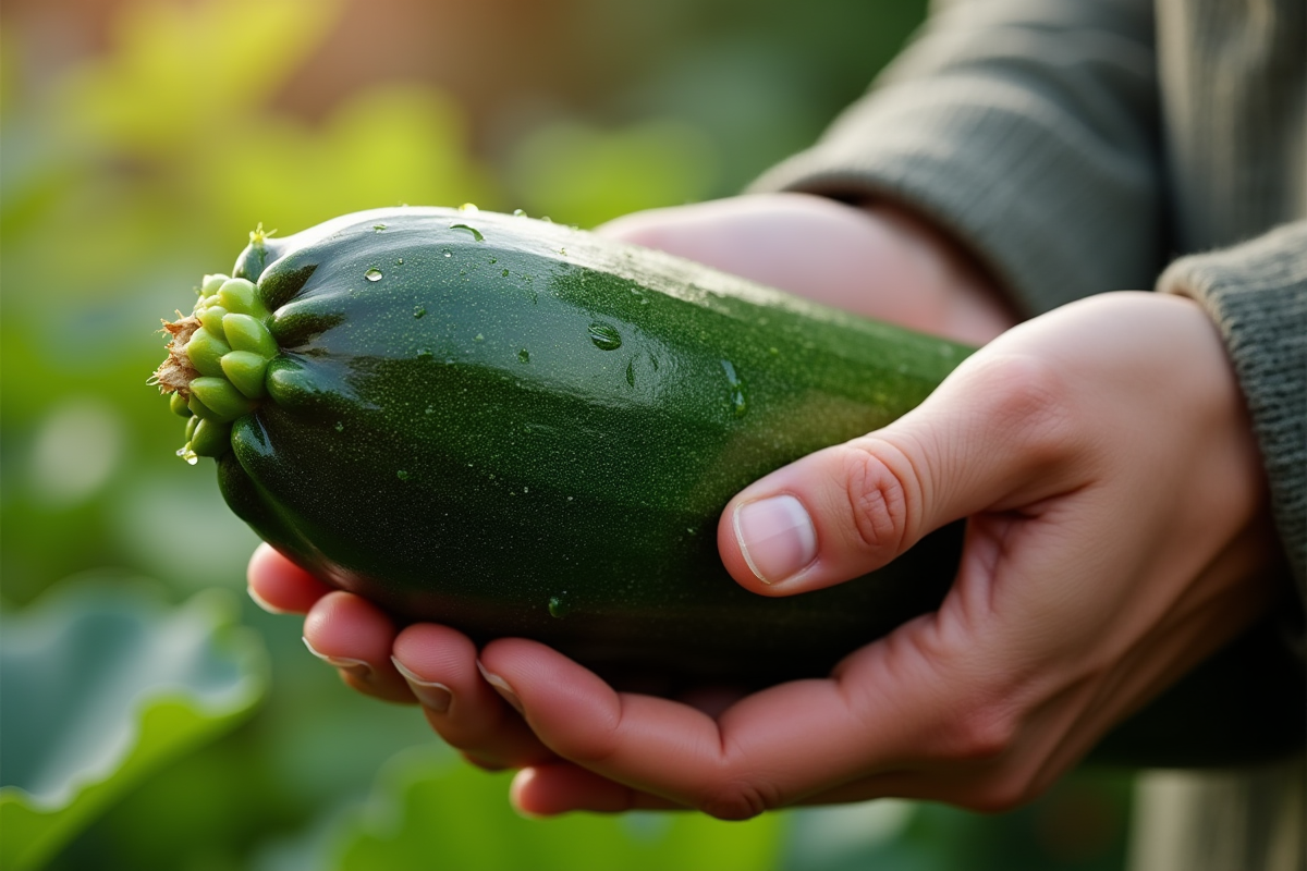 Mains tenant une courgette avec gouttes d