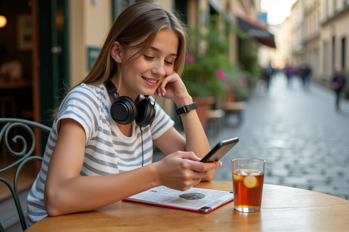 Adolescente lisant des mangas sur smartphone en terrasse de café en plein air