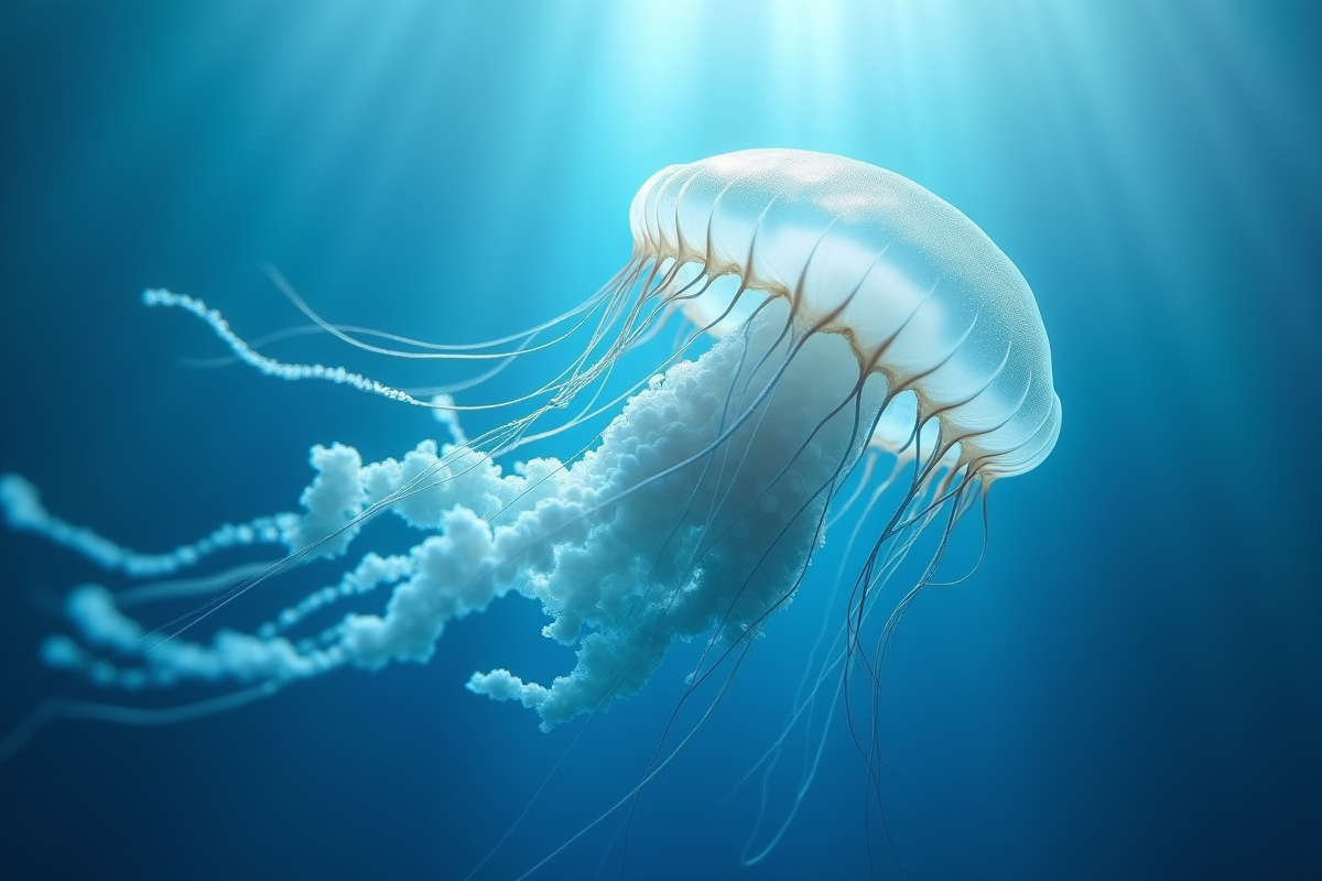 Méduse translucide nageant dans une eau bleue claire