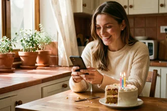 Femme souriante qui envoie un message d'anniversaire en retard depuis sa cuisine avec un gâteau d'anniversaire sur la table