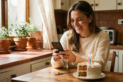 Femme souriante qui envoie un message d'anniversaire en retard depuis sa cuisine avec un gâteau d'anniversaire sur la table