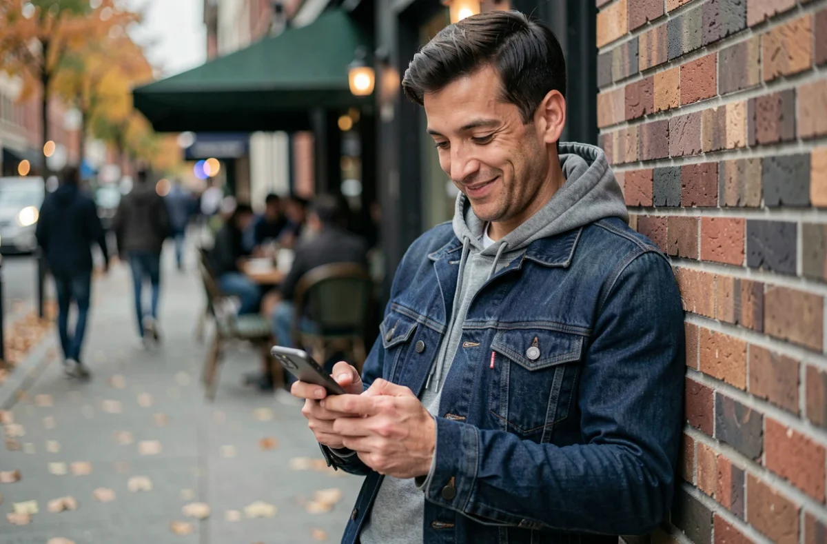 Jeune homme souriant en train d'envoyer un message d'anniversaire tardif depuis la rue en automne