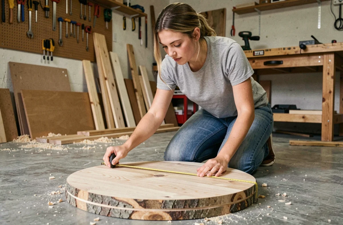Femme mesurant le périmètre d'un disque en bois avec un mètre ruban dans un atelier de bricolage