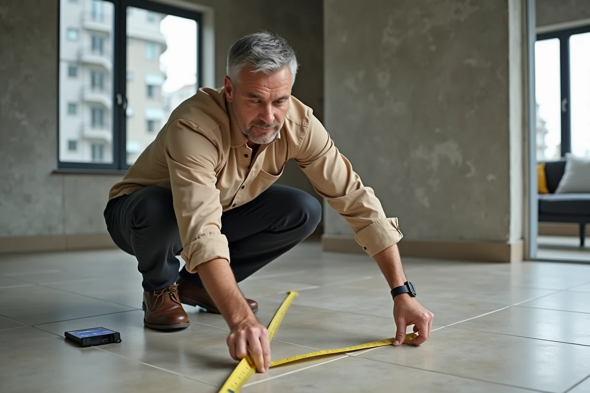 Homme mesurant la surface d'un sol en carrelage avec un mètre ruban pour calculer des mètres carrés