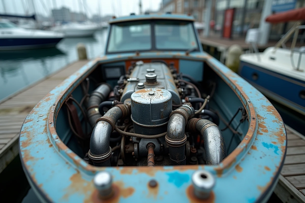 Gros plan sur le moteur d'un bateau entretenu avec soin dans un port de plaisance lors d'une révision préventive