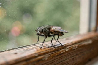 Gros plan macro d'une mouche domestique posée sur un rebord de fenêtre en bois, symbolisant la signification spirituelle et symbolique de la mouche