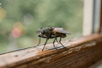Gros plan macro d'une mouche domestique posée sur un rebord de fenêtre en bois, symbolisant la signification spirituelle et symbolique de la mouche