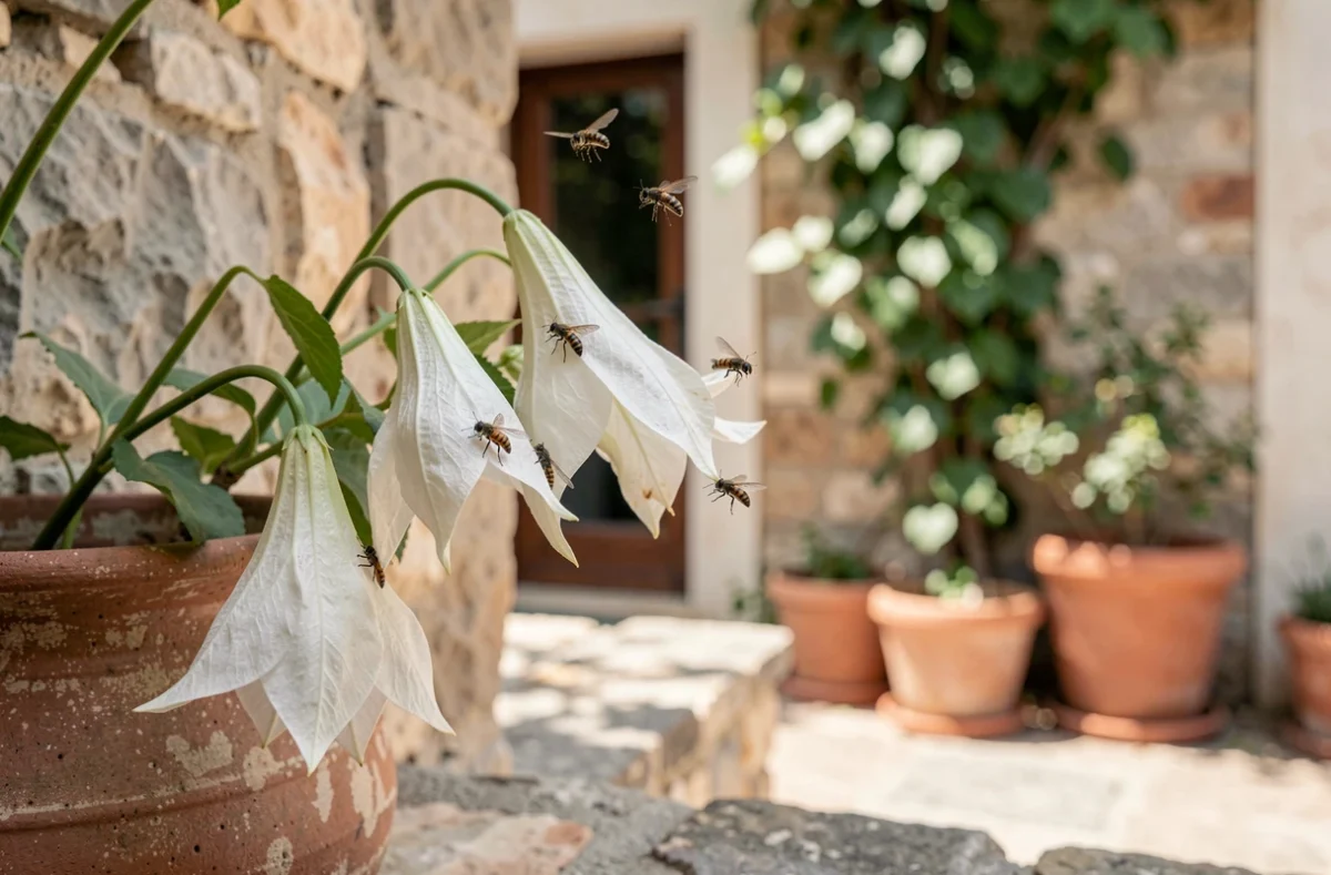 Plusieurs mouches posées sur une fleur fanée dans une cour méditerranéenne, illustration poétique de la signification et du symbolisme de la mouche