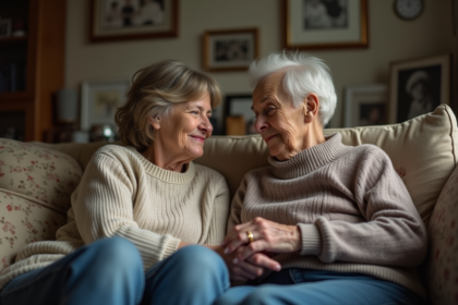 Femme et mère âgée se tenant la main sur un canapé modeste