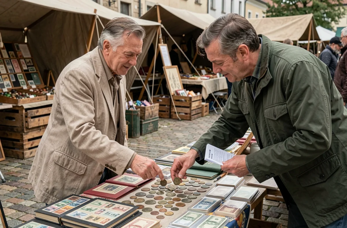 Deux collectionneurs négociant le prix de timbres et monnaies anciennes sur un marché aux puces en plein air