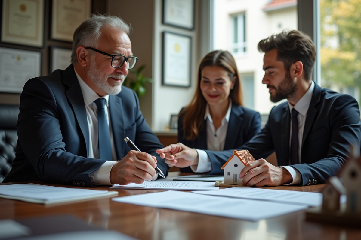 Notaire en costume remet un document à un jeune couple dans un bureau professionnel