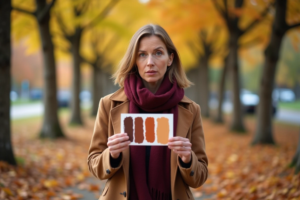 Femme tenant une carte de teintes marron harmonieuses dans un parc aux couleurs automnales