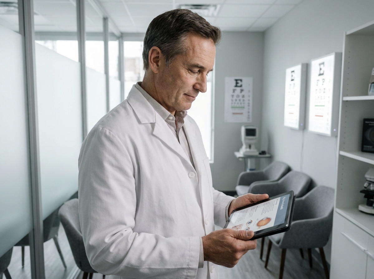 Opticien consultant des informations sur la santé oculaire sur une tablette dans une clinique ophtalmologique