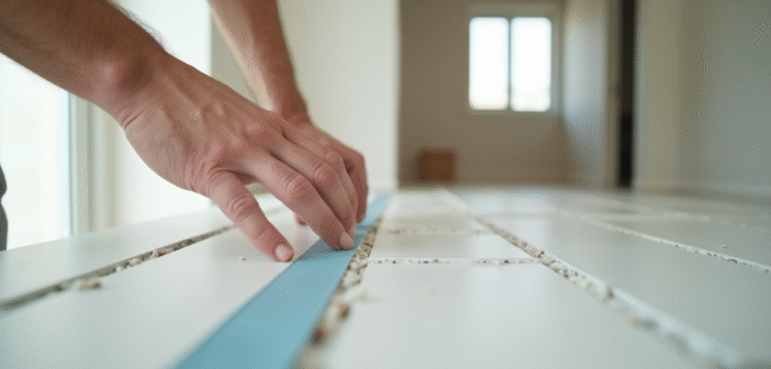 Ouvrier appliquant du ruban de joint sur des murs en plâtre lumineux