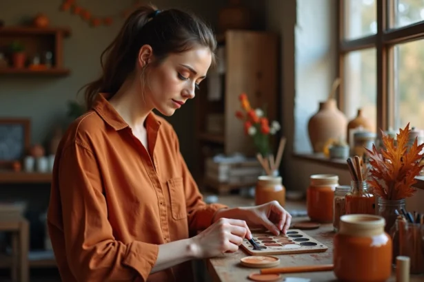 Maquilleuse mélangeant des teintes marron automnales sur une palette de couleurs en bois dans un studio naturel