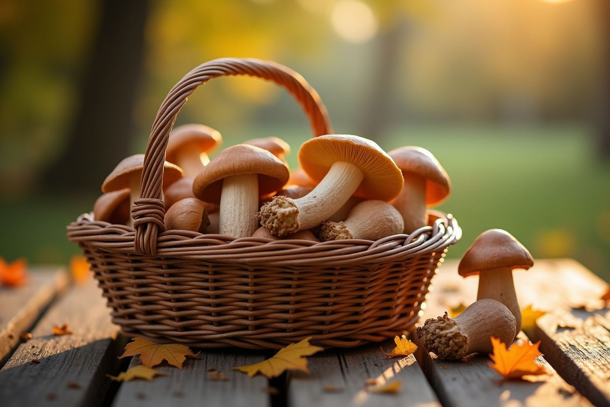 Panier de champignons dans un cadre automnal