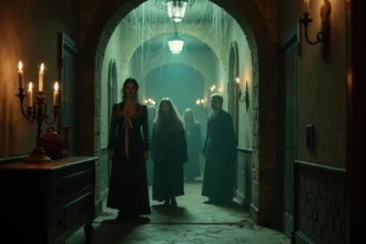 Couloir hanté d'un manoir avec acteurs costumés en fantômes victoriens et visiteurs effrayés lors d'un parcours de frayeur 2026