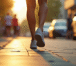 Les pieds en baskets confortables marchant dans la ville