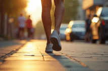 Les pieds en baskets confortables marchant dans la ville