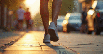 Les pieds en baskets confortables marchant dans la ville