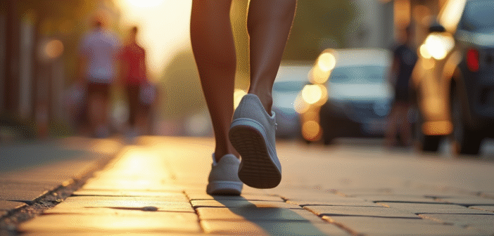 Les pieds en baskets confortables marchant dans la ville