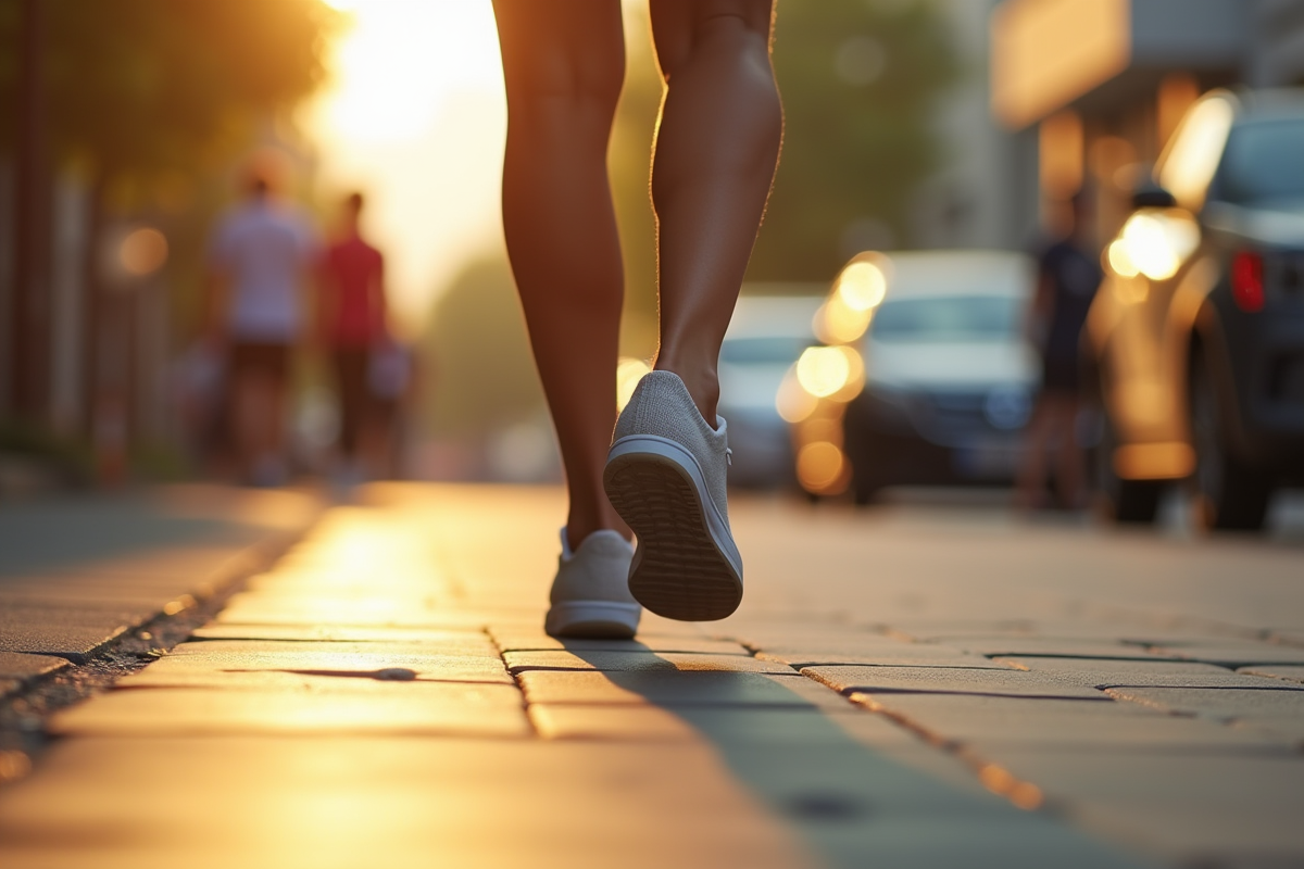 Les pieds en baskets confortables marchant dans la ville