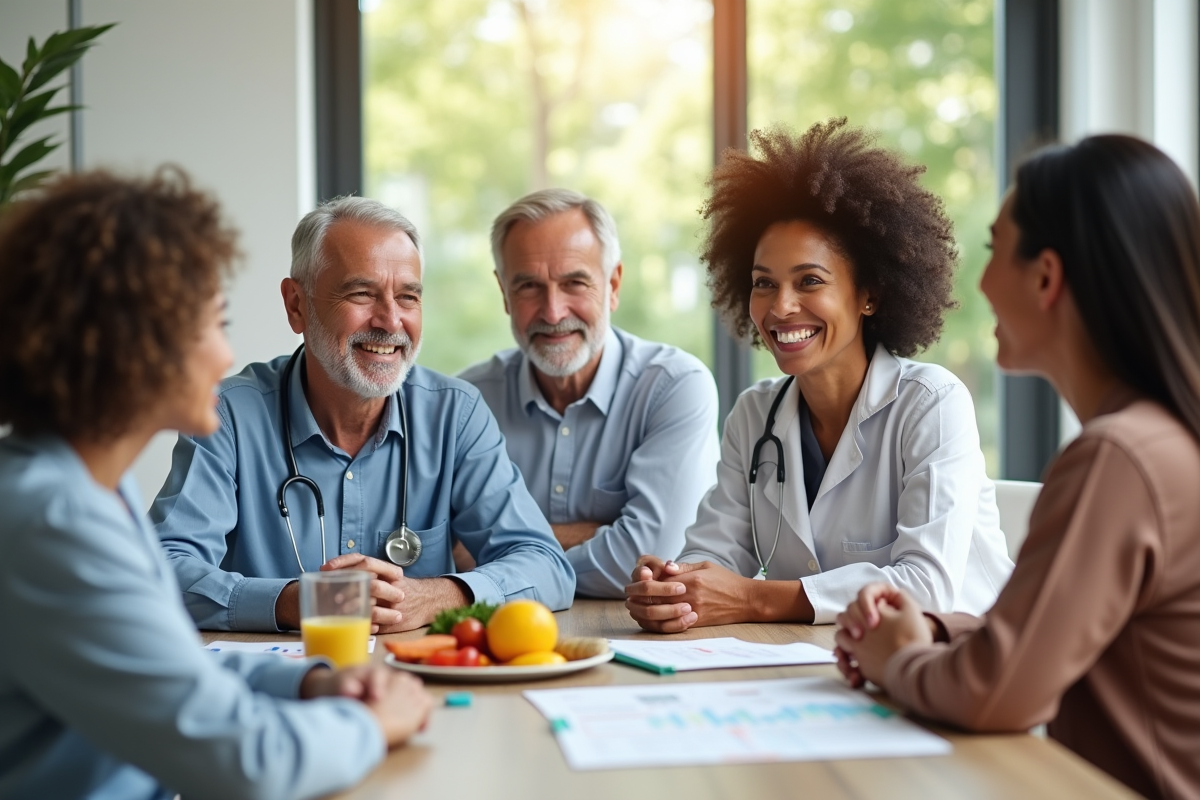 Patients souriants avec un médecin discutant traitements diabete
