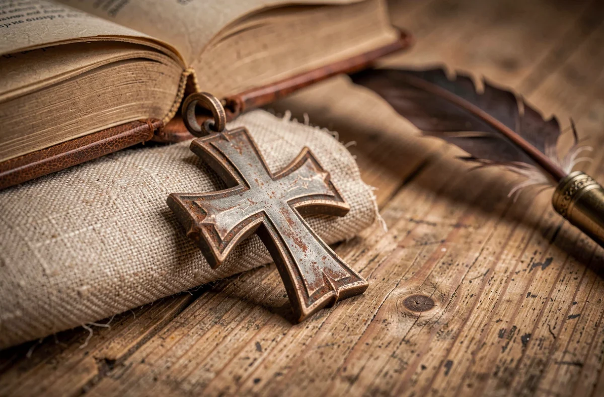 Pendentif croix templière en bronze ancien posé sur tissu de lin avec livre et plume d'époque